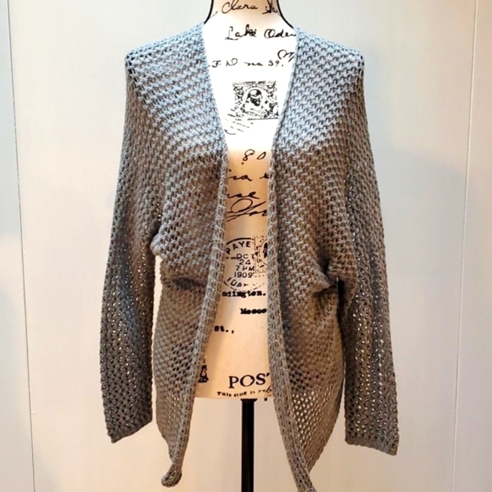 Womens Gray Crochet open Cardigan cottagecore Neutral SOFT Sz.Medium